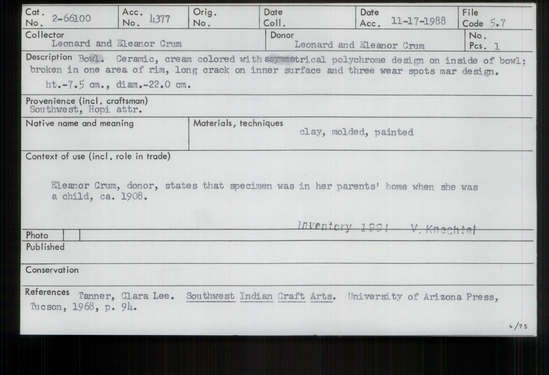 Documentation associated with Hearst Museum object titled Bowl, accession number 2-66100, described as Ceramic, cream colored with asymmetrical polychrome design on inside of bowl; broken in one area of rim, long crack on inner surface and 3 wear spots mar design.