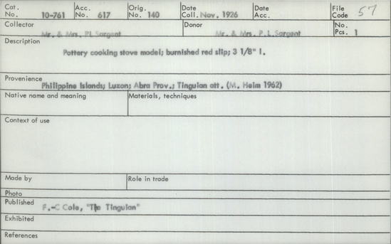 Documentation associated with Hearst Museum object titled Stove model, accession number 10-761, described as Pottery cooking stove model; burnished red slip