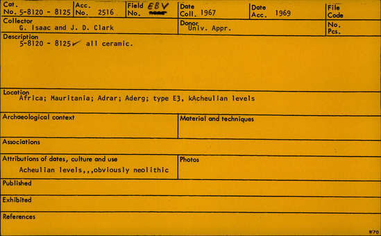 Documentation associated with Hearst Museum object titled Potsherd, accession number 5-8122, described as sherd; crushed stone temper