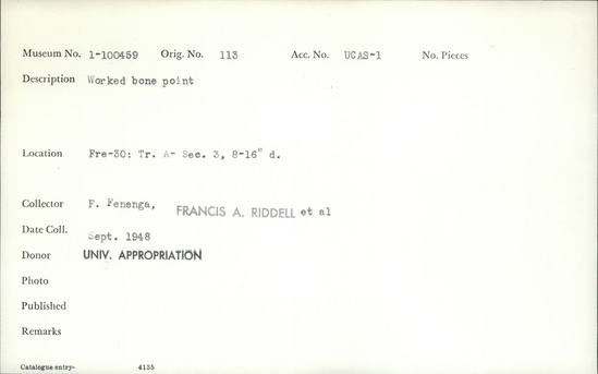 Documentation associated with Hearst Museum object titled Awl, accession number 1-100459, described as Worked bone.