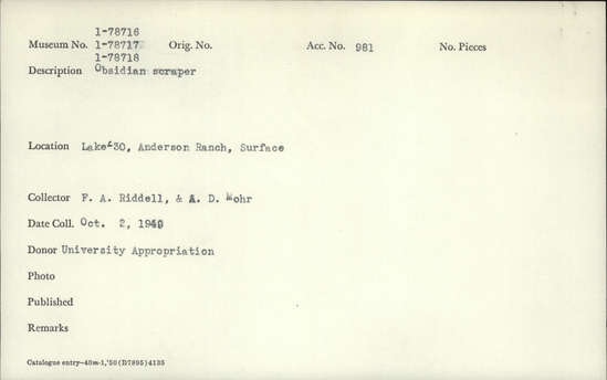 Documentation associated with Hearst Museum object titled Scraper, accession number 1-78716, described as Obsidian.