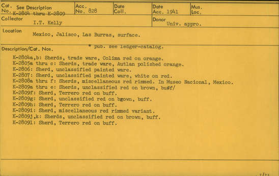 Documentation associated with Hearst Museum object titled Potsherds, accession number K-2809, described as Sherd: a-e,g,j,k) unclassified red on brown, buff; f,h,l) Terrero red on buff; i) miscellaneous red rimmed variant.