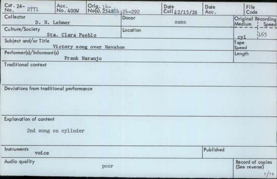 Documentation associated with Hearst Museum object titled Audio recording, accession number 24-2771, described as Victory Song over Navajos