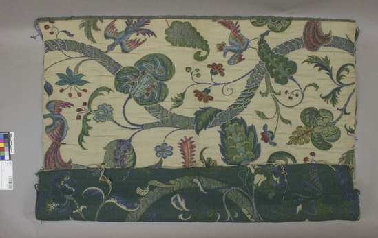 Hearst Museum object titled Textile, accession number 2-62437, described as Strip; cotton, wool, double cloth, varicolored, bird, floral and foliage motives, Jacquard looms