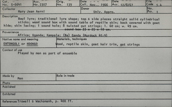 Documentation associated with Hearst Museum object titled Lyre, accession number 5-6641, described as bowl lyre; traditional lyre shape; top and side pieces straight solid cylindrical sticks; wood sound box with sound table of reptile skin; back covered with goat hide; skin lacing; 1 sound hole; 8 twisted gut strings.