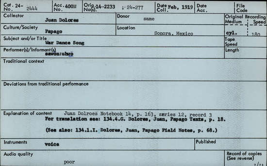 Documentation associated with Hearst Museum object titled Audio recording, accession number 24-2444, described as War Dance Song Notebook 14, p.163 Series 12, Record 3