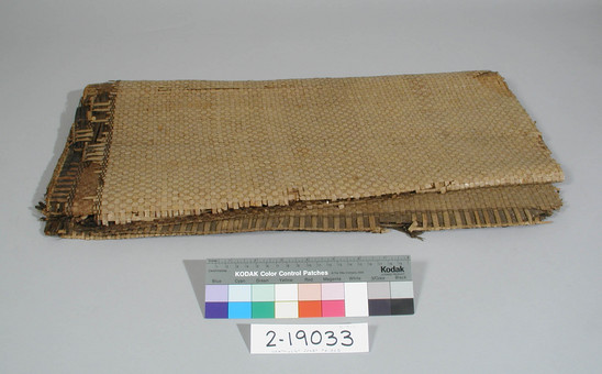 Hearst Museum object titled Mat, accession number 2-19033, described as Made of cedar bark, checker weave, ragged.