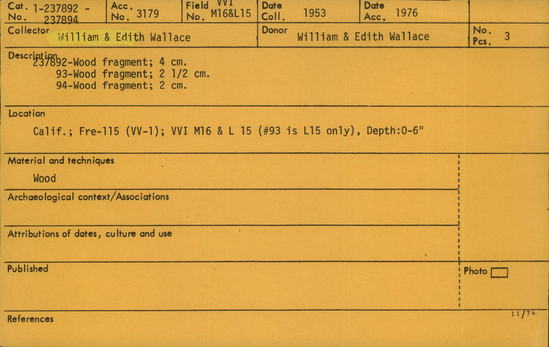 Documentation associated with Hearst Museum object titled Wood, accession number 1-237892, described as Wood fragment.