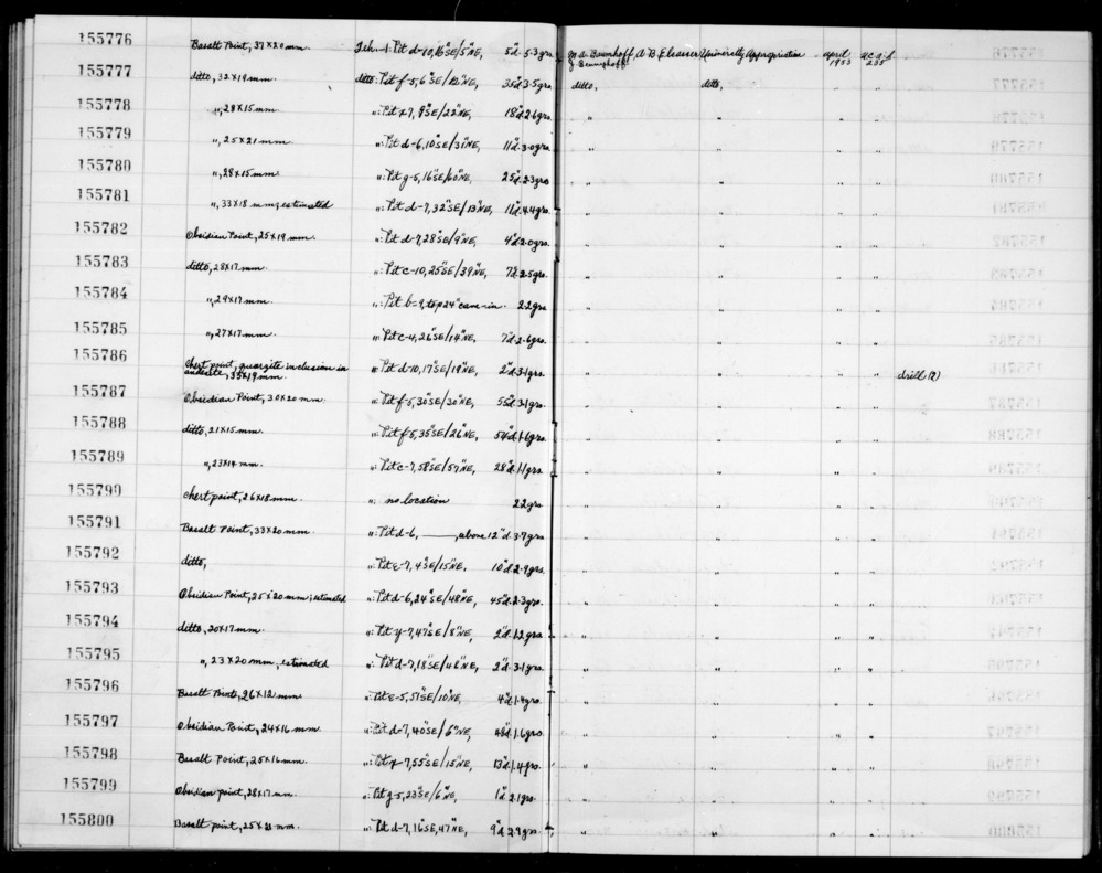 Documentation associated with Hearst Museum object titled Drill, accession number 1-155786, described as Chert point, drill (?), quartzite inclusion in andesite.