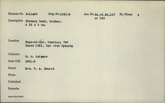 Documentation associated with Hearst Museum object titled Broken bowl, accession number 6-11432, described as Pottery bowl, broken; diameter 22 height 3 cm.