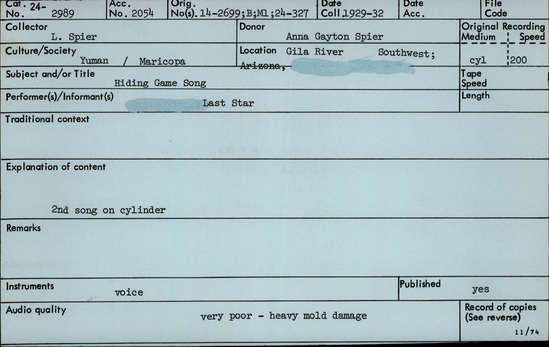 Documentation associated with Hearst Museum object titled Audio recording, accession number 24-2989, described as Hiding Game Song