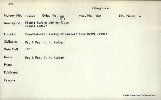 Documentation associated with Hearst Museum object titled Burin, accession number 7-1392, described as flint; burins bec-de-flute (spall order)