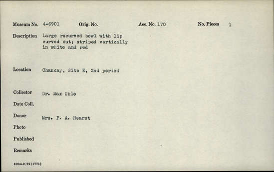 Documentation associated with Hearst Museum object titled Bowl, accession number 4-6901, no description available.