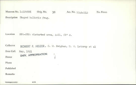 Documentation associated with Hearst Museum object titled Shell fragment, accession number 1-124806, described as Shaped.