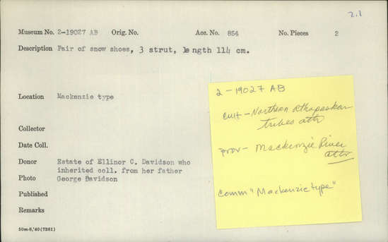 Documentation associated with Hearst Museum object titled Snowshoe (drag), accession number 2-19027a,b, described as Pair of; 3 strut.