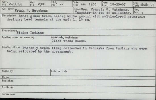 Documentation associated with Hearst Museum object titled Band, accession number 2-41094, described as Of glass trade beads; white ground with multicolored geometric designs; bead tassels at one end.