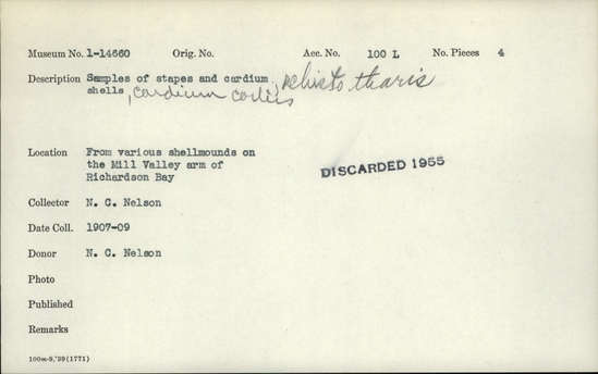 Documentation associated with Hearst Museum object titled Shell sample, accession number 1-14660, described as samples of stapes and cardium shells