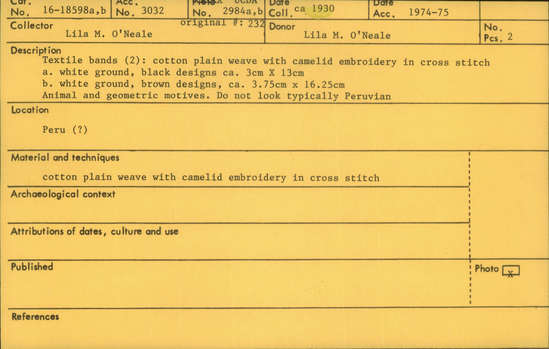 Documentation associated with Hearst Museum object titled Textile, accession number 16-18598a,b, no description available.