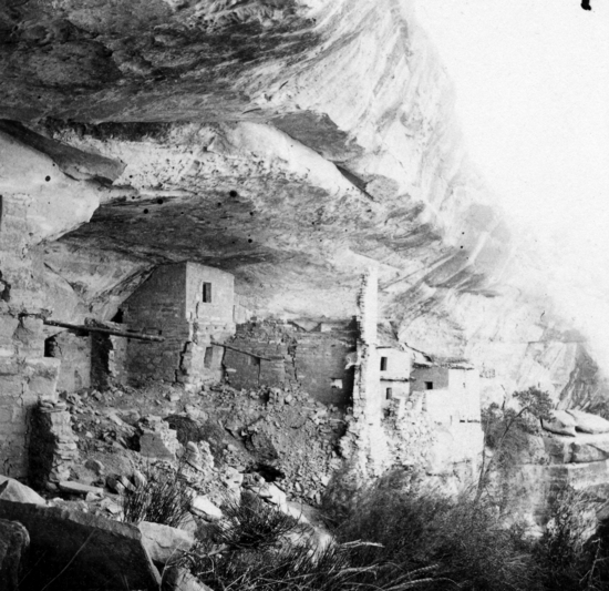 Hearst Museum object titled Black-and-white print, accession number 13-376a, described as One of a set of 17 mounted photos, 3¼ x 3¼ inches, of ruins and scenes of Cliff houses, Mesa Verde, Colorado.