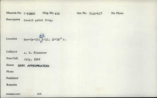 Documentation associated with Hearst Museum object titled Point fragment, accession number 2-31983, described as Basalt.