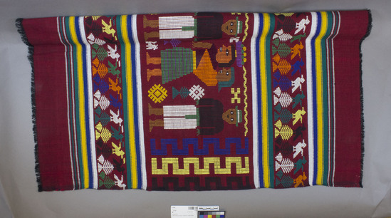 Hearst Museum object titled Shawl, accession number 3-17606, described as brocaded shawl; top and bottom panel brocaded with stylized birds and trees in various colors; center pane has 2 embroidered women each carrying a baby; 2 embroidered men, 4 panels brocaded weft stripes