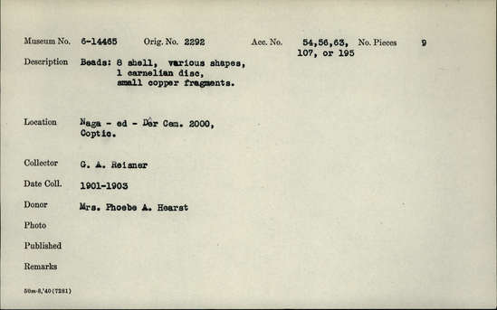 Documentation associated with Hearst Museum object titled Beads, accession number 6-14465, described as Beads: 8 shell, various shapes; 1 carnelian disc; small copper fragments.