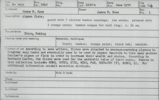 Documentation associated with Hearst Museum object titled Pigeon flute, accession number 9-9624, described as pigeon flute; gourd w/7 slotted bamboo openings; tan stain; painted w/2 orange carps; bamboo tongue for tail ring; c. 14 cm.