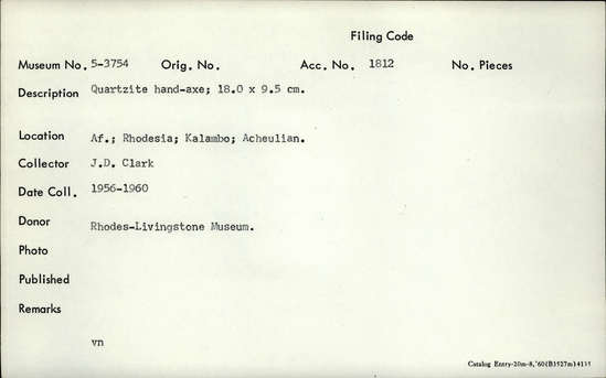 Documentation associated with Hearst Museum object titled Handaxe, accession number 5-3754, described as Quartzite hand-axe; 18.0 x 9.5 cm.