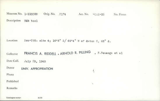 Documentation associated with Hearst Museum object titled Worked bone, accession number 1-110088, described as Rib.