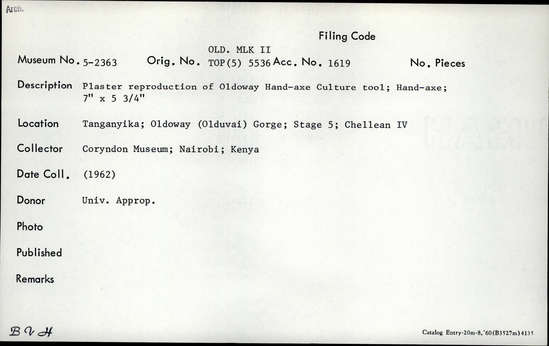 Documentation associated with Hearst Museum object titled Plaster cast, accession number 5-2363, described as Plaster reproduction of Olduvai Handaxe Culture tool; handaxe