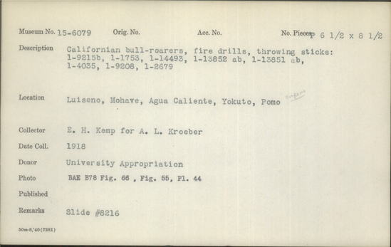 Documentation associated with Hearst Museum object titled Black-and-white negative, accession number 15-6079, described as Californian bull-roarers, fire drills, throwing sticks: 1-9215b, 1-1753, 1-14493, 1-13852 ab, 1-13851 ab, 1-4035, 1-9208, 1-2679