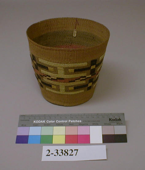 Hearst Museum object titled Basket, accession number 2-33827, described as Twined, bucket shape, with multicolored designs in false embroidery.