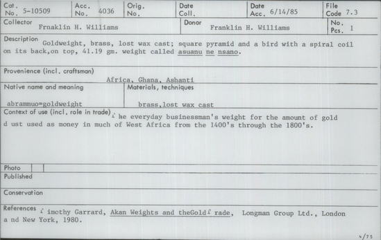Documentation associated with Hearst Museum object titled Gold weights, accession number 5-10509, described as Gold weight, brass, lost wax cast; square pyramid and a bird with a spiral coil on its back, on top, 41.19 gm. weight called asuanu ne nsano.