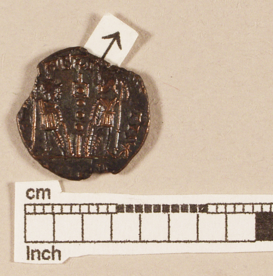 Hearst Museum object 2 of 8 titled Coin: æ 4, accession number 8-7324, described as Coin, AES Follis 4.      1.05 grams. 14mm. Obverse: Constantinus II Reverse: 1 Standard between 2 soldiers