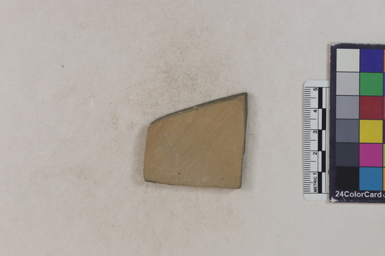 Hearst Museum object titled Potsherd, accession number 16-8123, described as Potsherd; body, long straight lines. Section of Manta on Beach currently inhabited. Numbers  8111 to 8194 are sherds picked up on beach at low tide.