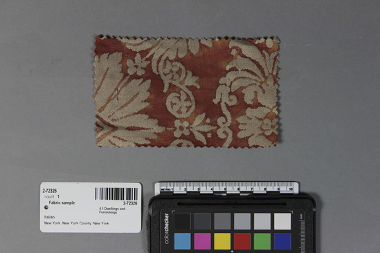 Hearst Museum object titled Fabric sample, accession number 2-72326, described as 100% long staple cotton sample, no. 5069, Impero design, copper color, Fortuny Inc.