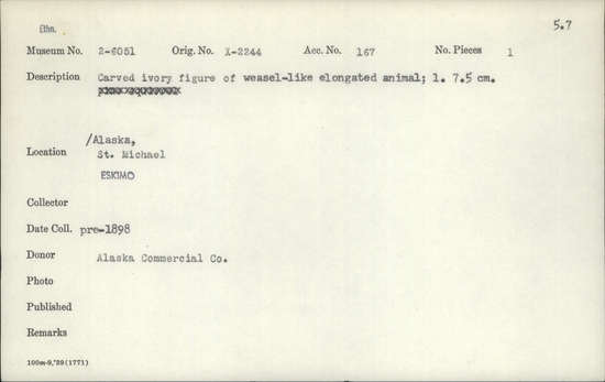 Documentation associated with Hearst Museum object titled Zoomorph, accession number 2-6051, described as Carved ivory figure of weasel-like elongated animal.