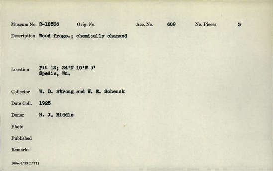 Documentation associated with Hearst Museum object titled Wood fragments, accession number 2-12536, described as Wood fragments; chemically changed.