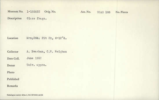 Documentation associated with Hearst Museum object titled Glass fragments, accession number 1-155032, described as Glass fragments. Notice: Image restricted due to its potentially sensitive nature. Contact Museum to request access.