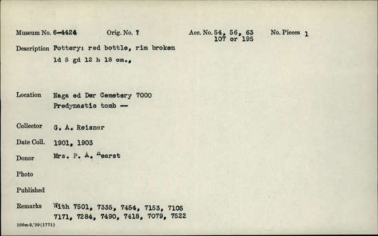 Documentation associated with Hearst Museum object titled Broken bottle, accession number 6-4424, described as Pottery: red bottle, rim broken; least diameter 5 cm, greatest diameter 12 cm, height 18 cm.