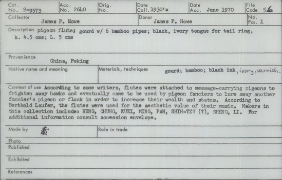 Documentation associated with Hearst Museum object titled Pigeon flute, accession number 9-9573, described as Pigeon flute;gourd w/ 6 bamboo pipes; black, ivory tongue for tail ring; ht. 4.5 cm.; L. 5 cm.