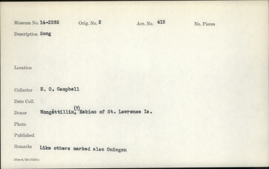 Documentation associated with Hearst Museum object titled Wax cylinder recording, accession number 14-2285, described as Song