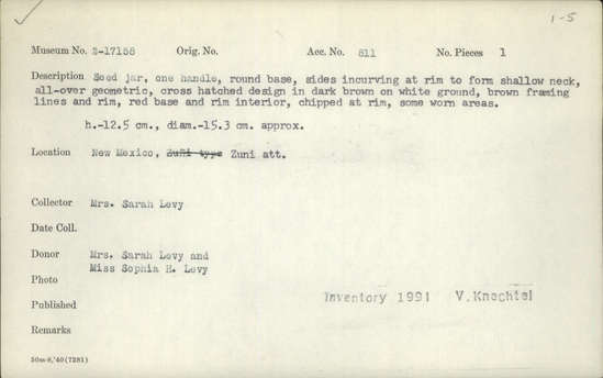 Documentation associated with Hearst Museum object titled Seed jar, accession number 2-17158, described as Seed jar, one handle, round base, sides incurving at rim to form shallow neck, all-over geometric, cross-hatched design in dark brown on white ground, brown framing lines and rim, red base and rim interior, chipped at rim, some worn areas.