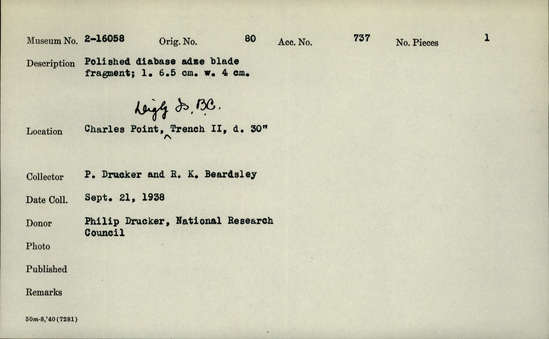 Documentation associated with Hearst Museum object titled Adze fragment, accession number 2-16058, described as Adze blade.