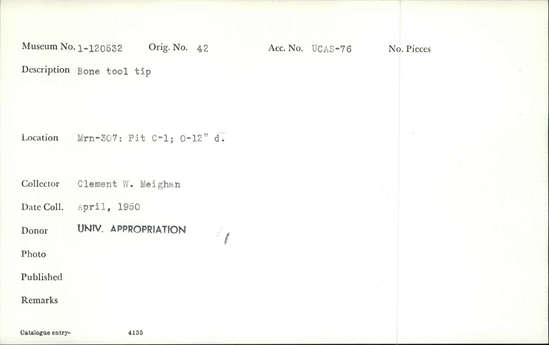 Documentation associated with Hearst Museum object titled Worked bone, accession number 1-120532, described as Bone, tip. Notice: Image restricted due to its potentially sensitive nature. Contact Museum to request access.