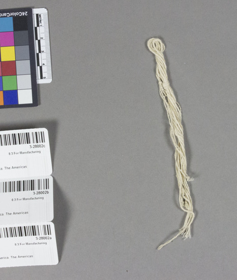 Hearst Museum object titled Yarn sample, accession number 3-28002a, described as White sewing cotton yarn sample; single ply S twist.