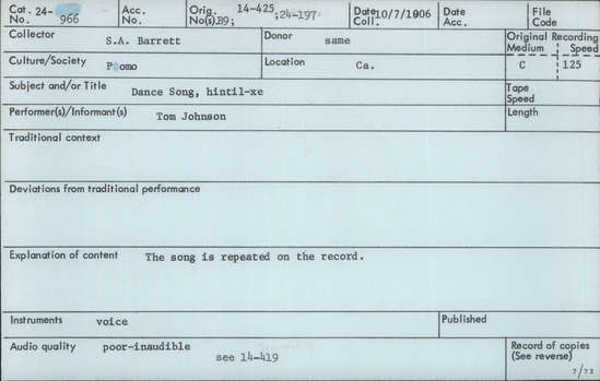 Documentation associated with Hearst Museum object titled Audio recording, accession number 24-966, described as Dance Song (hintil xe)