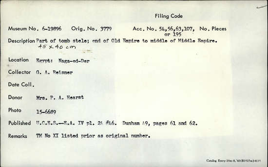 Documentation associated with Hearst Museum object titled Stela fragment, accession number 6-19896, described as Part of tomb stele; end of Old Empire to middle of Middle Empire. 45 cm x 40 cm.