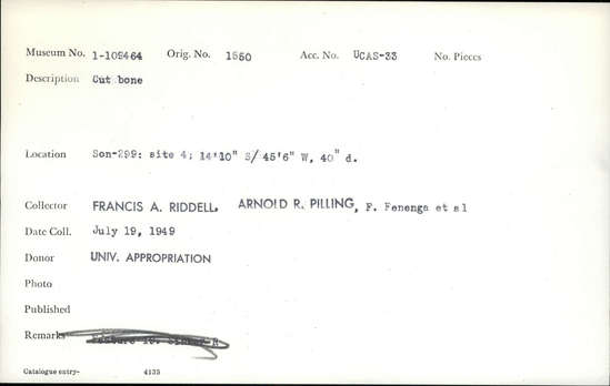 Documentation associated with Hearst Museum object titled Worked bone, accession number 1-109464, described as Cut