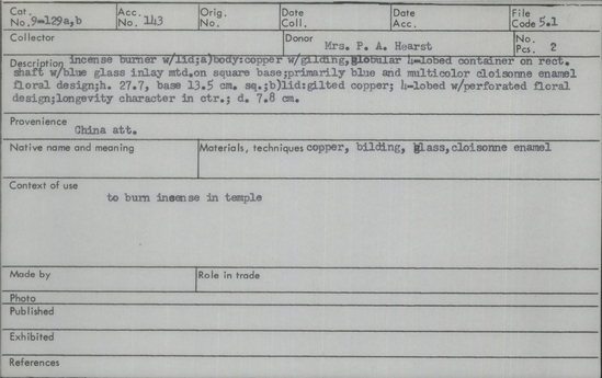 Documentation associated with Hearst Museum object titled Burner: incense: cloisonne, accession number 9-129a,b, described as Incense burner with lid; a) body: copper with gilding, globular 4-lobed with perforated floral design; b) lid: gilted copper; 4-lobed with perforated floral design; longevity character in center